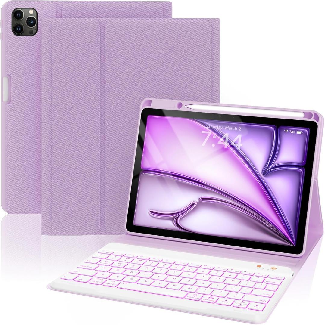 OYEEICE Keyboard Case for iPad Air 11 inch (M2 2024)/10.9 inch Air 5th/4th Gen/iPad Pro 11 1st/2nd/3rd Gen - 7-Color Backlit Detachable Keyboard, Folio Cover with Pencil Holder - Purple (Classic style)