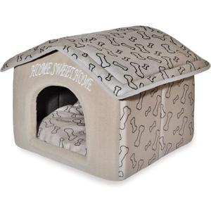 Best Pet Supplies Cat Bed for Indoor Cat, Domed Tent House with Removable Pillow, Covered Cat Cave for Small Dog, Puppies and All Breeds of Cats - Light Brown w/ Bones, 16 x 16 x H:14"