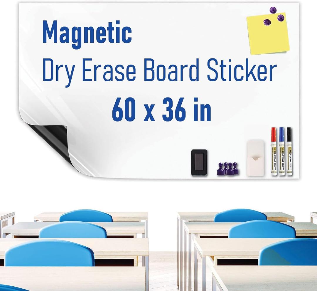 Magnetic Whiteboard Sticker - Adhesive Backing 60" x 36" Dry Erase Board for Wall Whiteboard Contact Paper for Office Home Include Starter Kit
