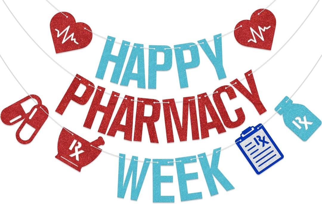 Happy Pharmacy Week Banner Pharmacist Appreciation Week Decor We Love Our Pharmacists Party Decoration Supplies Blue & Red Glitter
