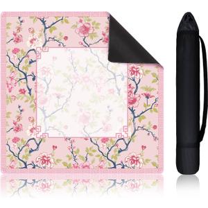 22 Inch Mini Chinoiserie Mahjong Mat for Travel Set White Floral Mahjong Mat Cute Small Domino Accessories Gifts Domino and Tile Game Table(Pink and Green)