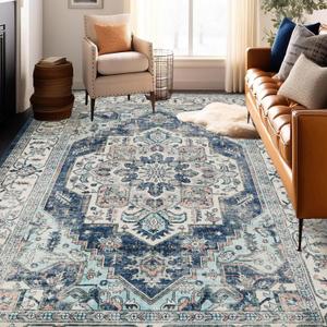 Machine Washable Rug 9x12 Vintage Design Boho Area Rugs for Living Room, Bedroom, Kitchen, Soft Non-Slip Indoor Large Carpet, Navy/Beige-Print Design