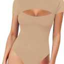 MANGOPOP Womens Short Sleeve Long Sleeve Bodysuit Sexy Front Cutout Round Neck Body Suits Going Out Tops (Medium)