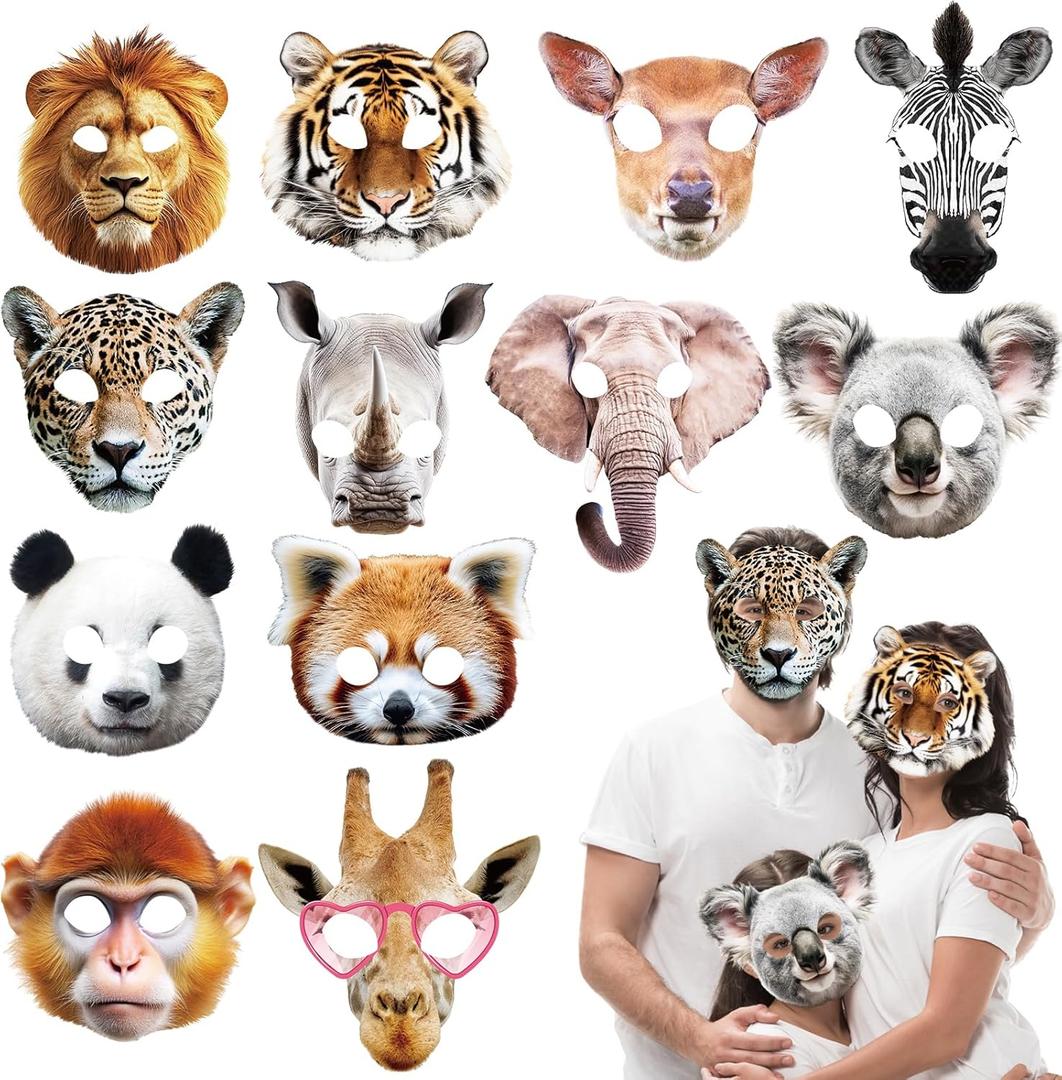 CHUNNIN 24pcs Animal Masks Party Favors Jungle Safari Themed Birthday Masks Realistic Printed Wild Petting Zoo Animal Costume Dress Up for Woodland Adults Party Supplies Decoration