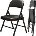 2 Pack Folding Chairs with Leather Padded Cushion and Back, Metal Black Foldable Chair for Indoor Outdoor, Commercial Stackable Guest Chairs for Office Events Wedding Party Kitchen Dining