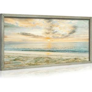 Coastal Beach Wooden Wall Art: Sunset Ocean Scenery Framed Picture Sea Wave Painting Modern Seaside Prints Seascape Artwork for Living Room Bathroom Bedroom (24"L x 12"W)