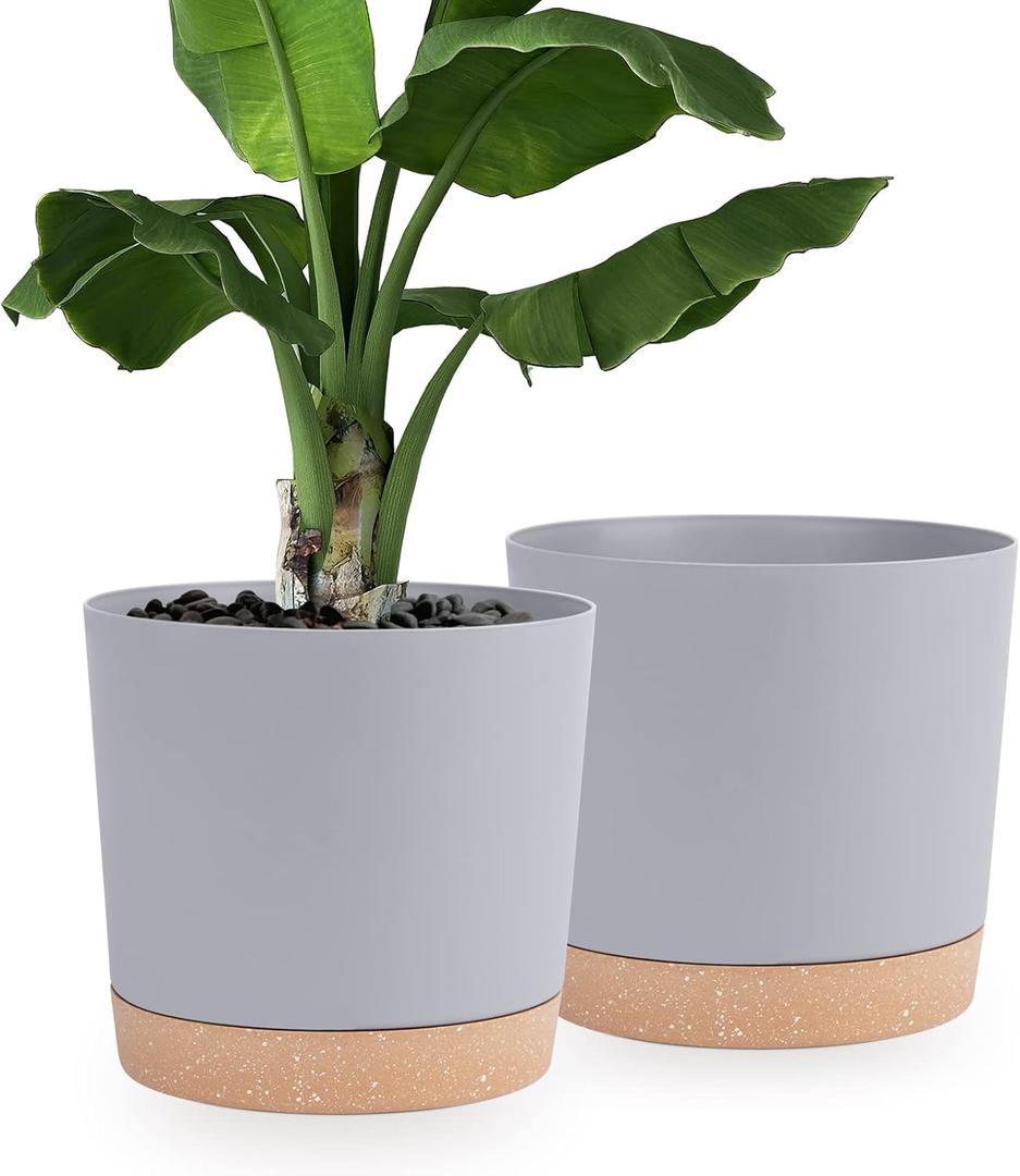 QCQHDU 12 inch Plant Pot, 2 Pack Planters for Indoor Plants with Drainage Holes & Saucer, Outdoor Flower Pots Home Garden Modern Decor (Light Grey)