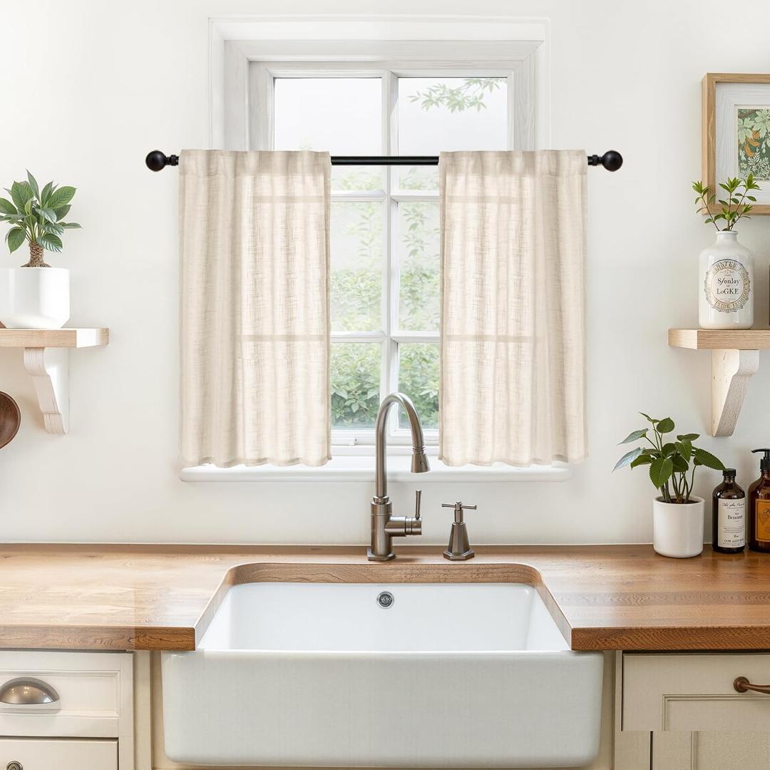 YoungsTex Oatmeal Linen Cafe Curtains 24 Inches Long - Small Half Drapes Semi Sheer with Rod Pocket Back Tab for Bathroom Farmhouse Kitchen Windows Over Sink 2 Panels, 29 X 24 Inch