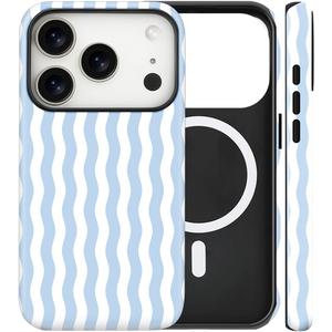 Magnetic for iPhone 17 Pro Max Case Cute Wavy Stripes Phone Case, Shockproof Slim TPU and Hard PC Protective Phone Cover Compatible with MagSafe Designed for Women Girls, Blue