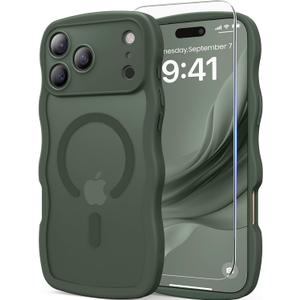 DOMAVER for iPhone 17 Pro Case for Women, 1X Screen Protector+1X Wrist Strap, [Compatible with MagSafe] [Full Camera Protection] Cute Wave Frame Matte Phone Case for iPhone 17 Pro 6.3", Deep Green