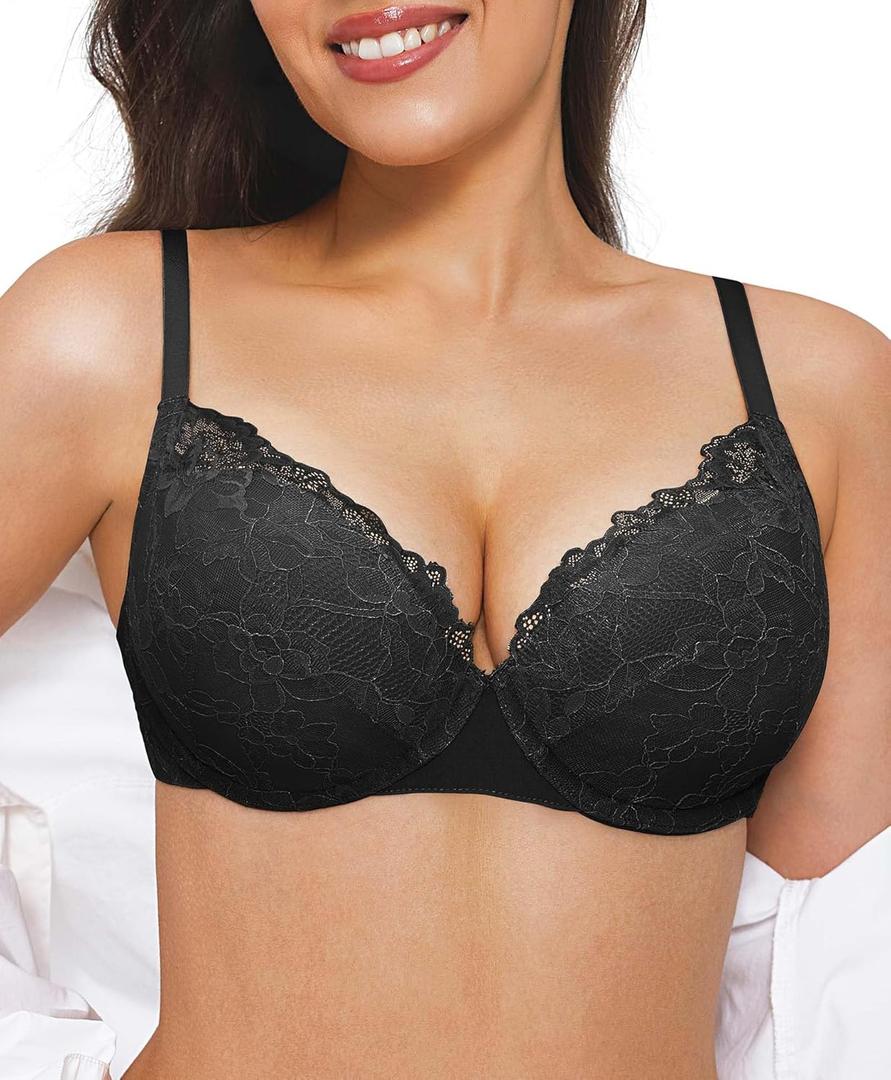 Popilush Minimizer Bras for Women Full Coverage Lace Push Up Plus Size Underwire Bra with Support (34C, Black)