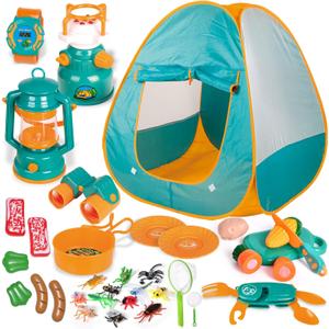 FUN LITTLE TOYS Kids Camping Set with Pop Up Play Tent Camping Toys with Battery Lantern and Drawstring Bag Indoor Outdoor Pretend Play, Christmas Birthday Gifts for Boys (Green Yellow)