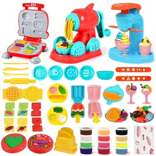 SOCBTNSO 3 in 1 Dough Sets 59 PCS for Kids Ages 4-8, Dough Tools Kit with Ice Cream Noodle Hamburger Maker Machine, Kitchen Creations Art Crafts Food Play Toys for Boys Girls Kids Toddlers Ages 3+