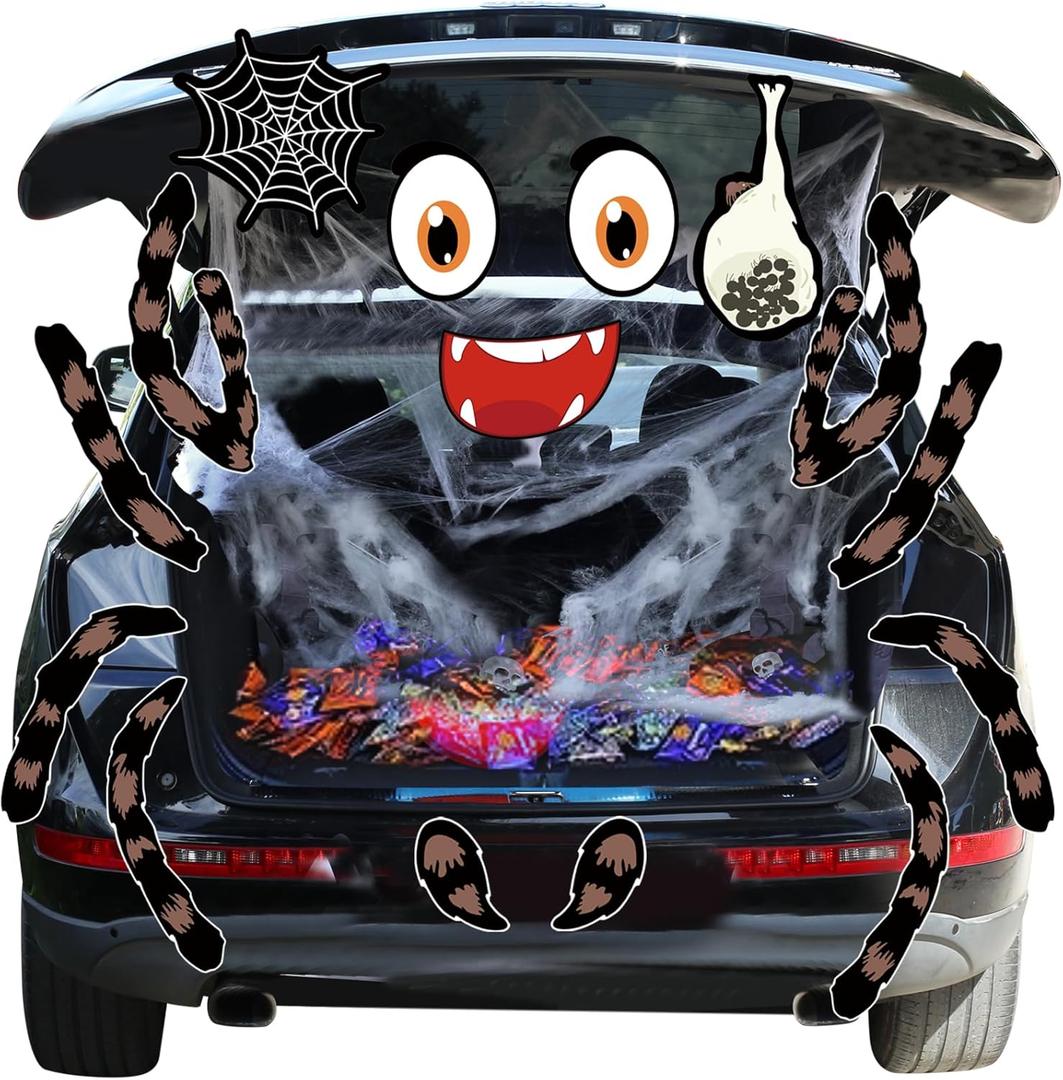Trunk or Treat Car Decorations Kit for SUV, Halloween Spider Theme Trunk or Treat Car Decorations Kit, Outdoor Halloween Garage Door Decorations - Contains Spider Web