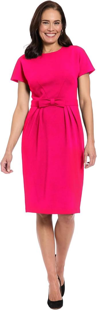 London Times - Short Sleeve Round Neck Sheath Dress - Professional Work Dresses for Wedding Guests - 10 Pink