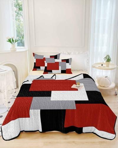 Full Quilt Set, Abstract Red Black Grey White Color Block Lightweight Soft Microfiber Summer Bedspread Coverlet with 2 Pillow Shams, Splicing Geometric Plaid 3 Piece Bedding Set for All Seasons