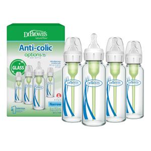 Dr. Brown's Anti-Colic Options+ Narrow Glass Baby Bottle with Level 1 Slow Flow Nipple, BPA-Free, 8 oz/250 mL, 0m+, 4-Pack 