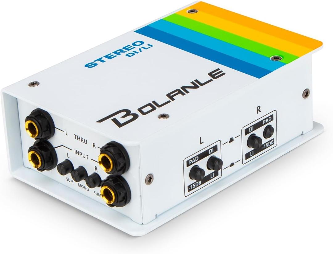 Bolanle Passive Dual Channel DI/LI Box Direct Box Line Isolator, Stereo/Mono Switch for Guitar Bass Keyboard, 1/4 Input XLR Balanced Output, 15dB PAD, GND Lift, THRU Output for Studio Stage Live