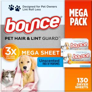 Bounce Pet Hair and Lint Guard Mega Dryer Sheets with 3X Pet Hair Fighters, Unscented, 130 Count