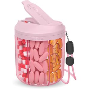 Pill Dispenser with 7 Large Compartments, Pill Bottle Organizer for Travel, Supplement Organizer with Anti-Mixing Design, BPA-Free Pill Container with 20 Pcs Labels, Pink