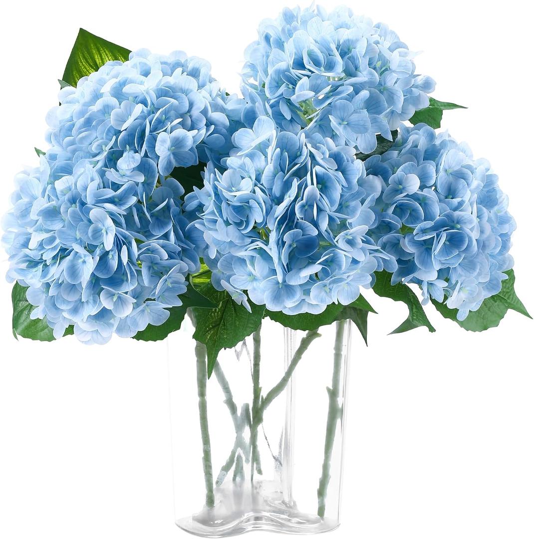 5pcs Hydrangea Artificial Flowers Real Touch 20 inch Lifelike Hydrangea Flower for Home Wedding Office Party Living Room Decoration (Baby Blue)