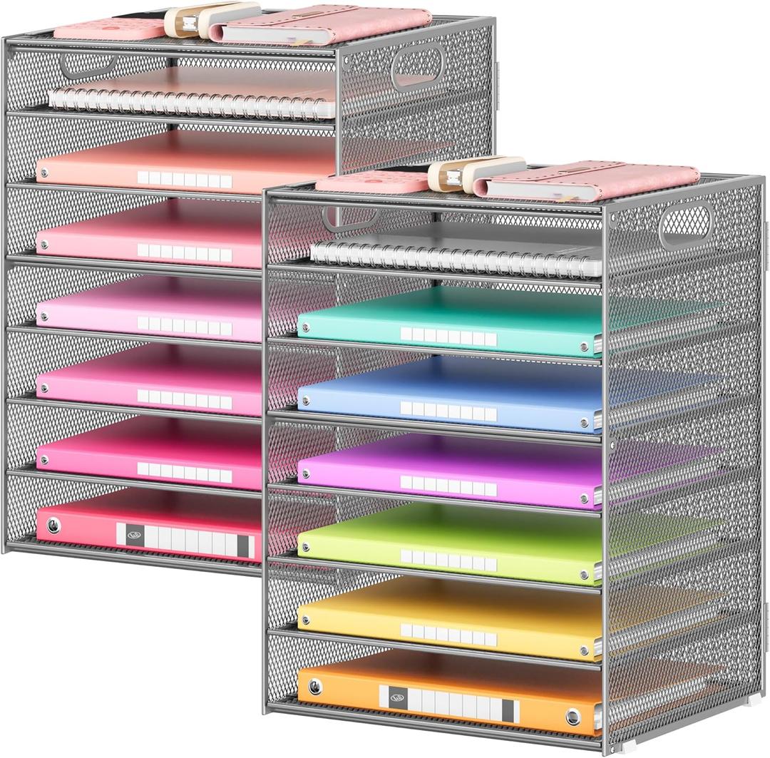 Lavatino 2 Pack 8-Tier Office Desk File Organizer, Letter Tray Paper Organizer with Handle, Including 5 Adjustable Slide Trays for Organizing Desk Workspace Accessories and Supplies (Silver Mesh) (12.7" x 9.2" x 16.5")