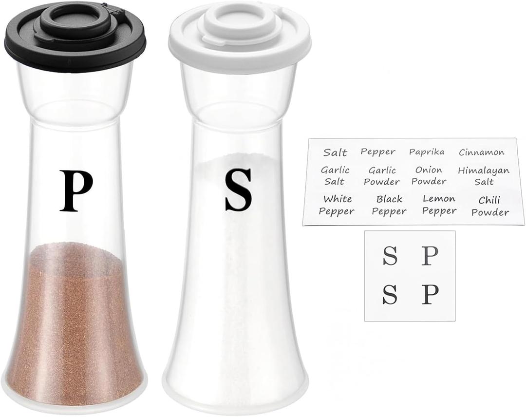 Salt and Pepper Shakers Set of 2, Large Clear Plastic Hourglass Shakers with 16 Pre-Printed Spice Labels, Moisture Proof Lids for Kitchen, Camping, Travel & Outdoor (Black & White)