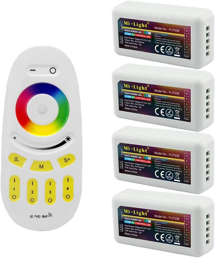 Mi Light Wireless 2.4G RF RGB + White/Warm White Controller Kit, 4 x Controllers and 4-Zone Remote, Wi-Fi Bridge Compatible, 4CH Multicolor RGBW/RGBWW LED Strip Light Controller