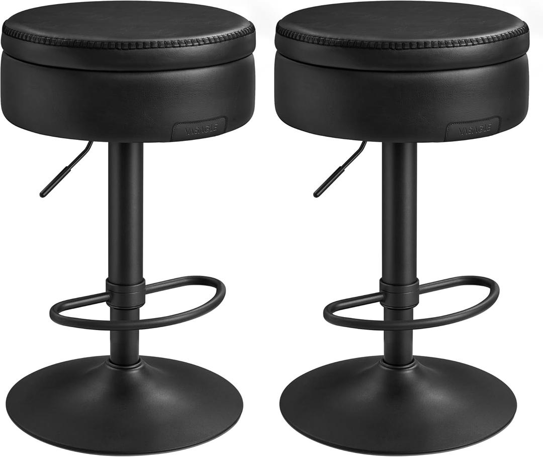 VASAGLE EKHO Collection - 360 Swivel Bar Stools Set of 2, Height Adjustable Barstools with Storage, Synthetic Leather with Stitching, Mid-Century Modern, Kitchen Bar, Easy Assembly, Ink Black