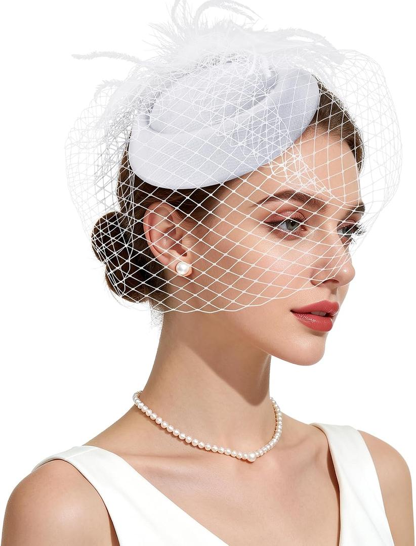 Fascinator Hat Veil Feather Fascinator Tea Party Bridal Wedding Veil Retro Hat Pillbox Hat (White)