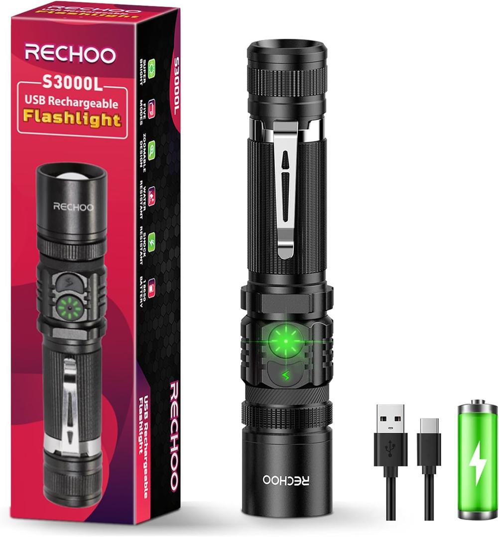 RECHOO Rechargeable Flashlights High Lumens, Double Switch S3000L LED Flashlight, Super Bright 5 Modes Zoomable Waterproof EDC Flashlights for Home, Emergncies, Camping (Battery Included)1 Pack