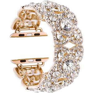 VIQIV Bling Bands for Compatible with Apple Watch 38mm 40mm 42mm 44mm 41mm 45mm 49mm Ultra Iwatch Series 9 8 7 6 5 4 3 2, Diamond Rhinestone Stainless Steel Metal Bracelet Wristband Strap for Women (Gold)