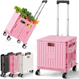 SUNALLY Folding Utility Cart Rolling Crate Handcart Shopping Trolley, Pink