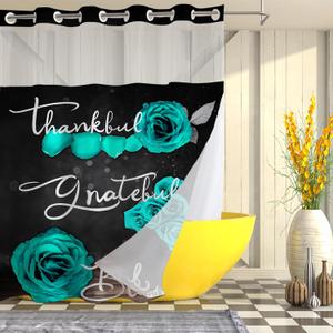 No Hook Shower Curtain with Snap in Liner, Green Rose Flower Thankful Grateful Blessed Bathroom Curtain with Double Layers Waterproof Fabric and Mesh Top Window, Romantic Showy Floral Home Bath Decor
