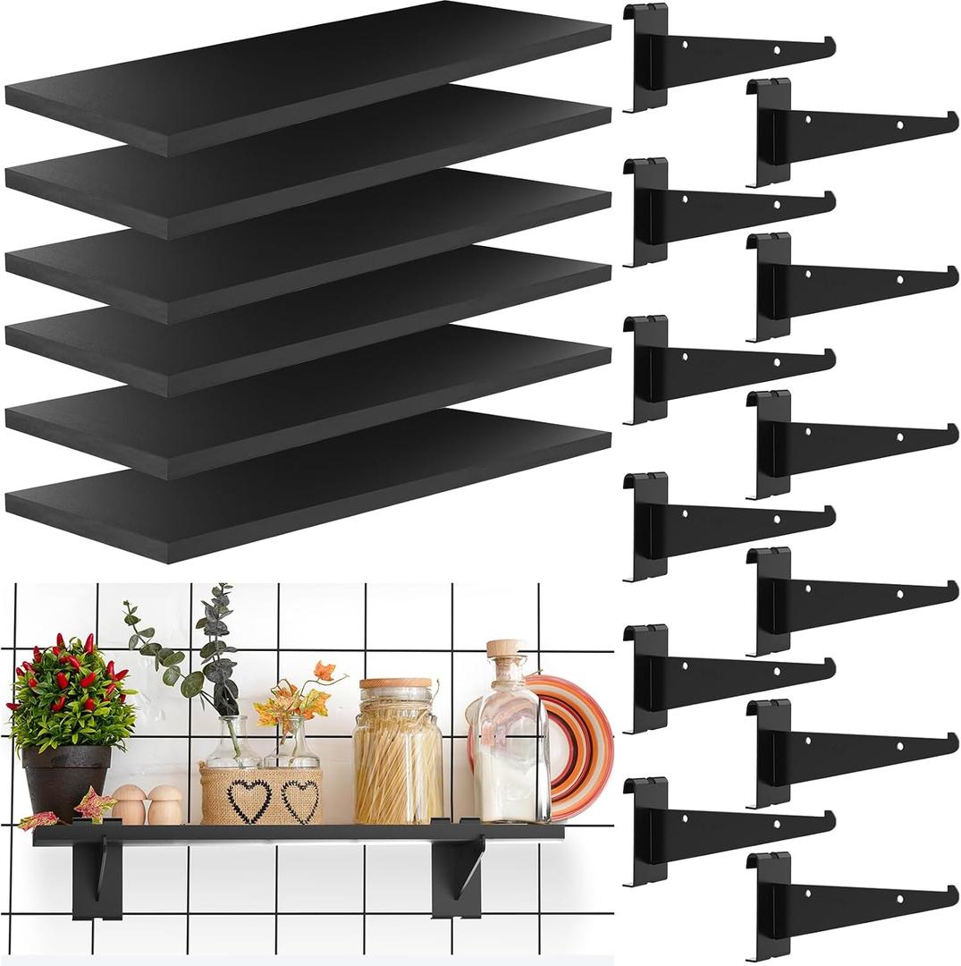 6 Pack Gridwall Shelf 15.7 x 6 Inches Wooden Gridwall Shelves with Metal Brackets Grid Wall Shelving Organizer Heavy Duty Gridwall Accessories for Home Garage (6, 15.7 x 6 x 0.6 inches)