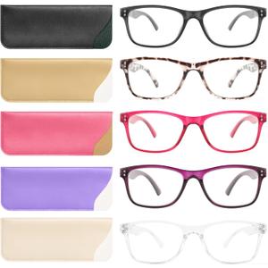 Fetrrc Reading Glasses Blue Light Blocking, Computer Glasses for Women Men, Fashion Square Eyeglasses 5 Pairs (Black + Leopard + Pink + Purple + Clear, +0.5)
