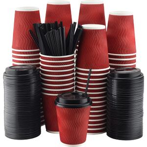 NYHI Pack of 100 10 oz Red Paper Cups with Black Lids Coffee Cups Disposable BPA Free Insulated Ripple Kraft Paper Cups To go Cups for Hot or Cold Drinks Office Home Canteen Party Travel