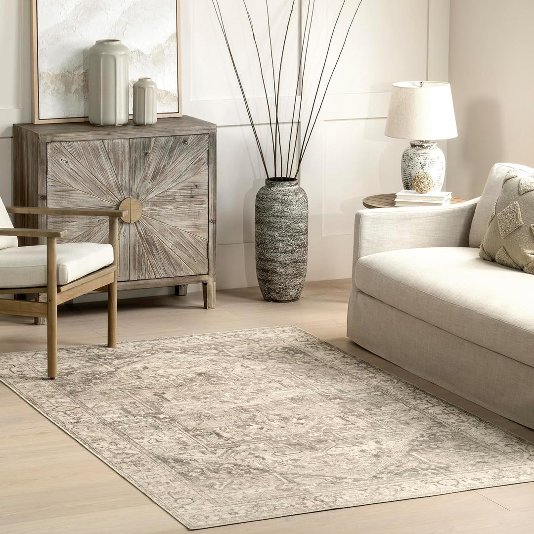 nuLOOM 3' x 5' SpinClean Machine Washable Stain-Resistant Area Rug with Non Slip Backing, Low Profile for Living Room, Bedroom, and Dining Room, Brielle Grey/Tan