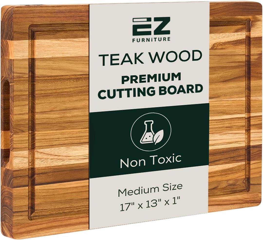 Medium (M) Teak Edge Grain Cutting Board, Reversible, Knife-Friendly Charcuterie Wood Cutting Board with Juice Groove & Handles, Non-Toxic, Gift Box Included (17" x 13" x 1")