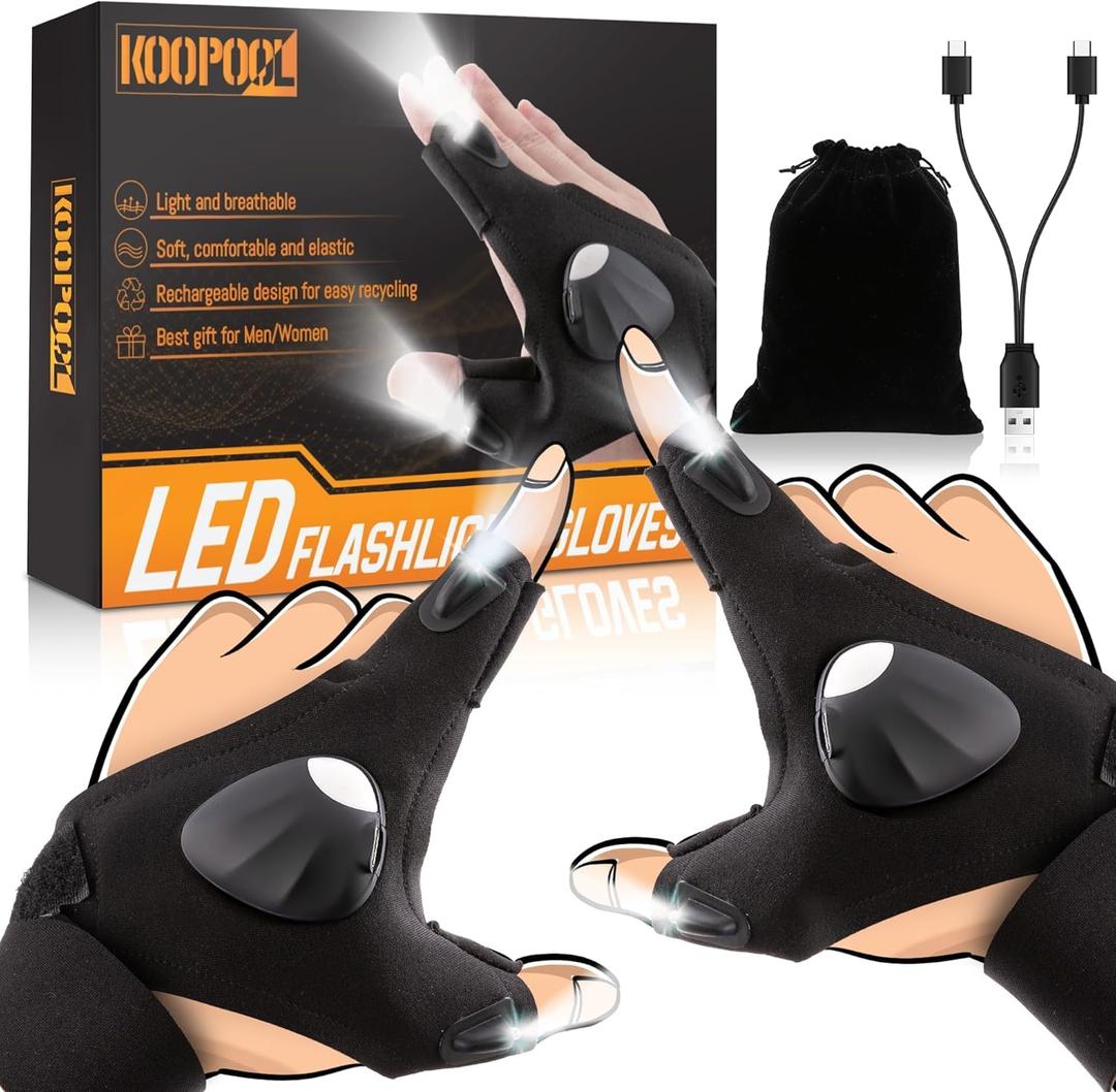 KOOPOOL LED Gloves, Flashlight Glove, Best Men Valentine's Gifts for Husband Boyfriend Him, Cool Gadgets Unique Gift for Fishing, Hunting, Camping, Techies, Mechanic (Black)