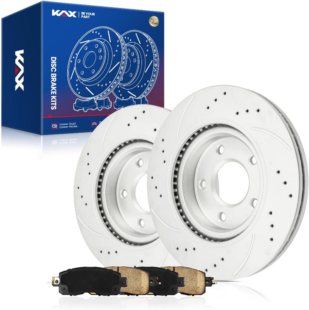 KAX Front Brake Kit, Drilled and Slotted Brake Rotors, Ceramic Brake Pads | Fits Nissan Altima 2014-2023, Nissan Altima 2013 2.5L, Nissan Altima 2013 3.5L, Automotive Replacement Brake Kit (Silver)