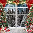 Dudaacvt 10x8ft Christmas Window Photography Backdrop Winter Merry Xmas Tree Background Night Snow Party Decoration Holiday Photo Banner Props