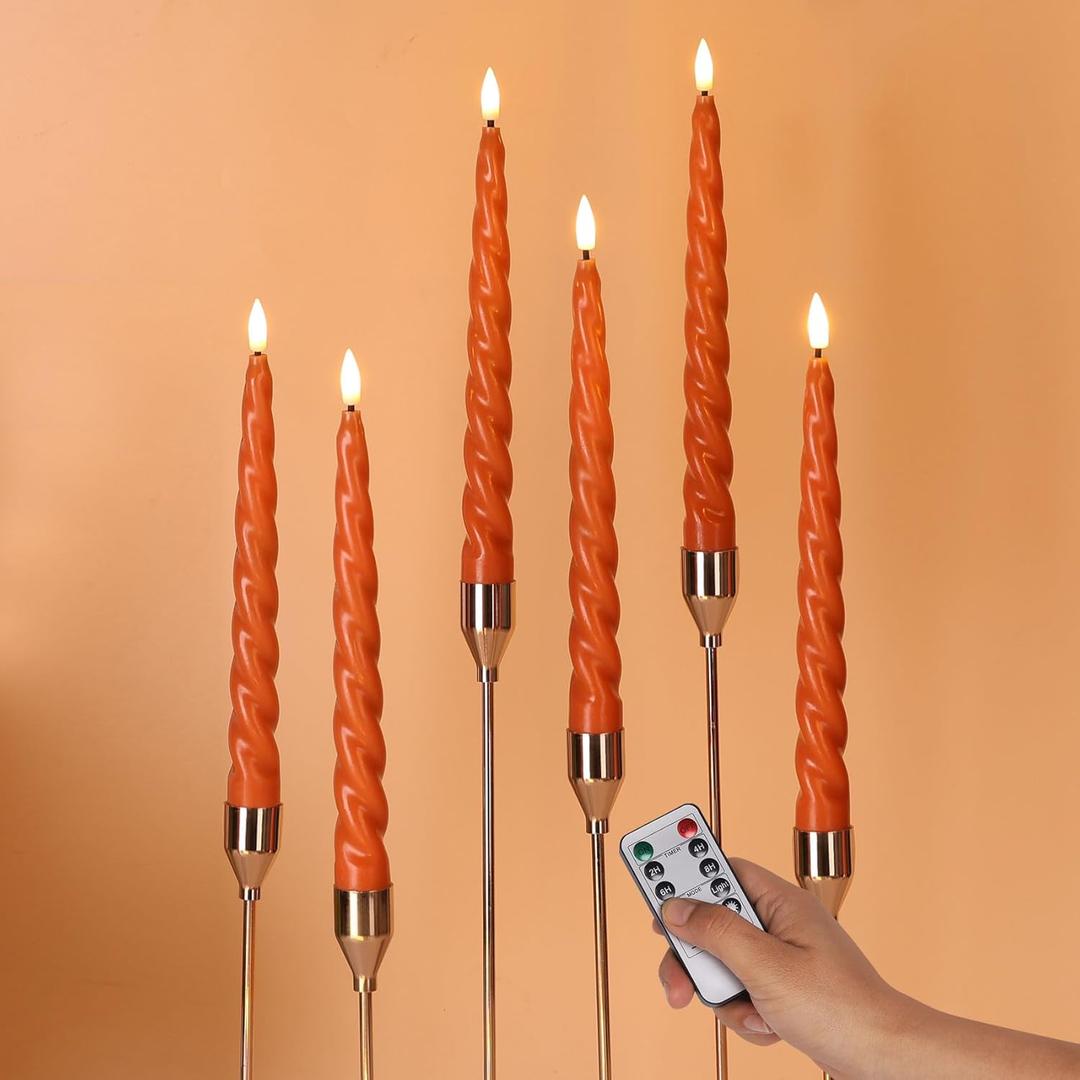 Orange Flameless Taper Candles with Remote, Spiral Candles Battery Operated, Flickering LED Candlesticks Set of 6
