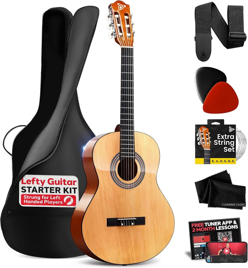 Pyle Left Handed Beginner Acoustic Guitar Kit, 3/4 Junior Size All Wood Instrument with Full Accessory Kit, Picks, Shoulder Strap, Case, Cleaning Cloth, Tuner App, 2 Month Lessons, 36 (Natural Gloss)