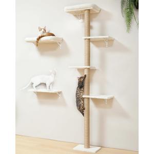 FUKUMARU Cat Wall Shelves, Stable Wall Mounted Cats Furniture Set, Kitten Scratching Post with Soft Cushion Perch, Space Saving Climbing Wall for 16 Inch Drywall - Beige