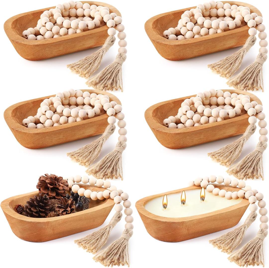 LemonRoad 12 Pcs Wooden Dough Bowl for Candle Making Wood Table Centerpiece Decorations Beads String with Tassel Decorative Bowl Natural Rustic Filler Tray Farmhouse Dining Kitchen(Caramel,Short)