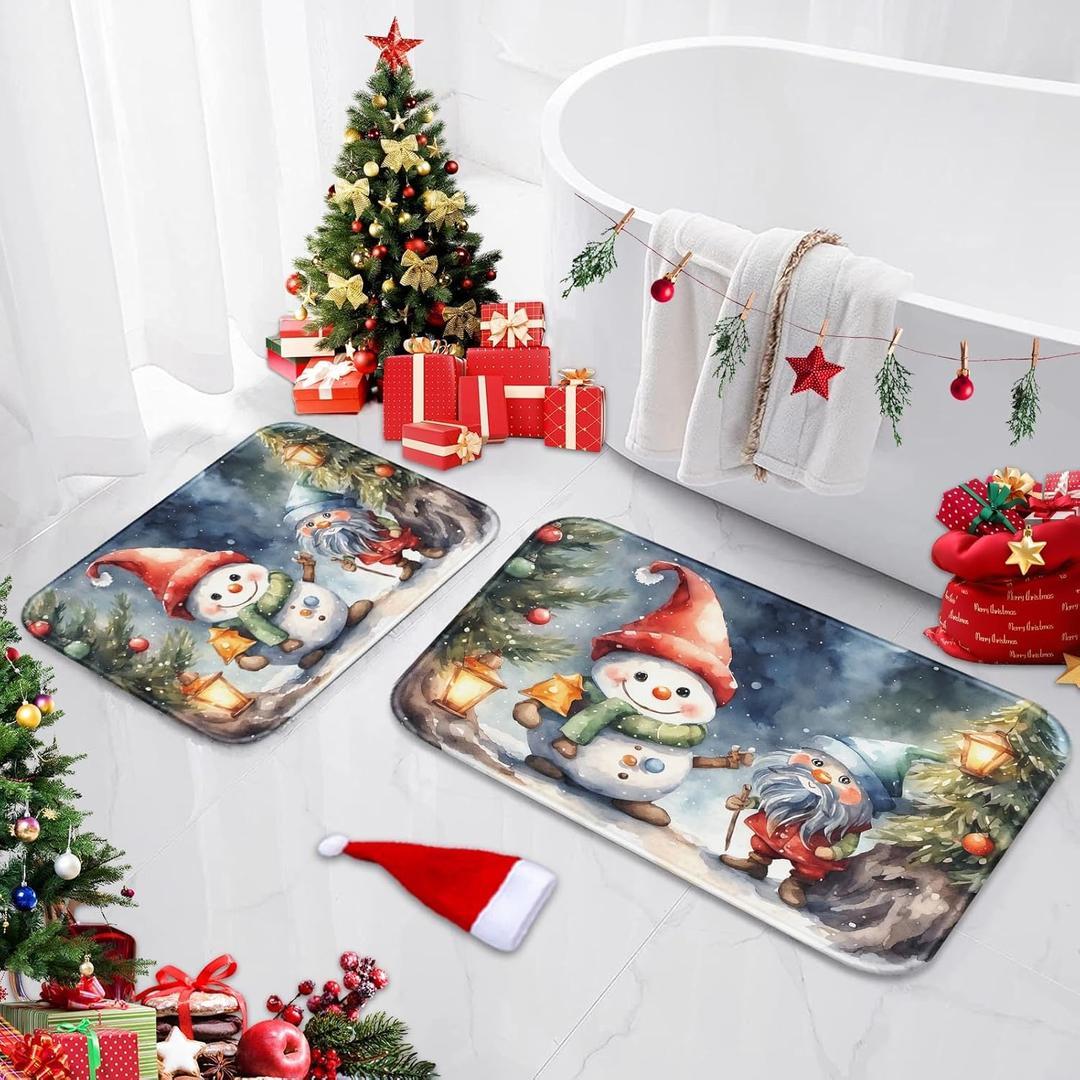 ArtSocket Christmas Gnomes Tree Bathroom Rugs and Mats Set 2 Piece Winter Cute Santa Snowman Bath Rugs Non Slip Absorbent Microfiber Memory Foam Bath Mat Washable Bathroom Floor Mats