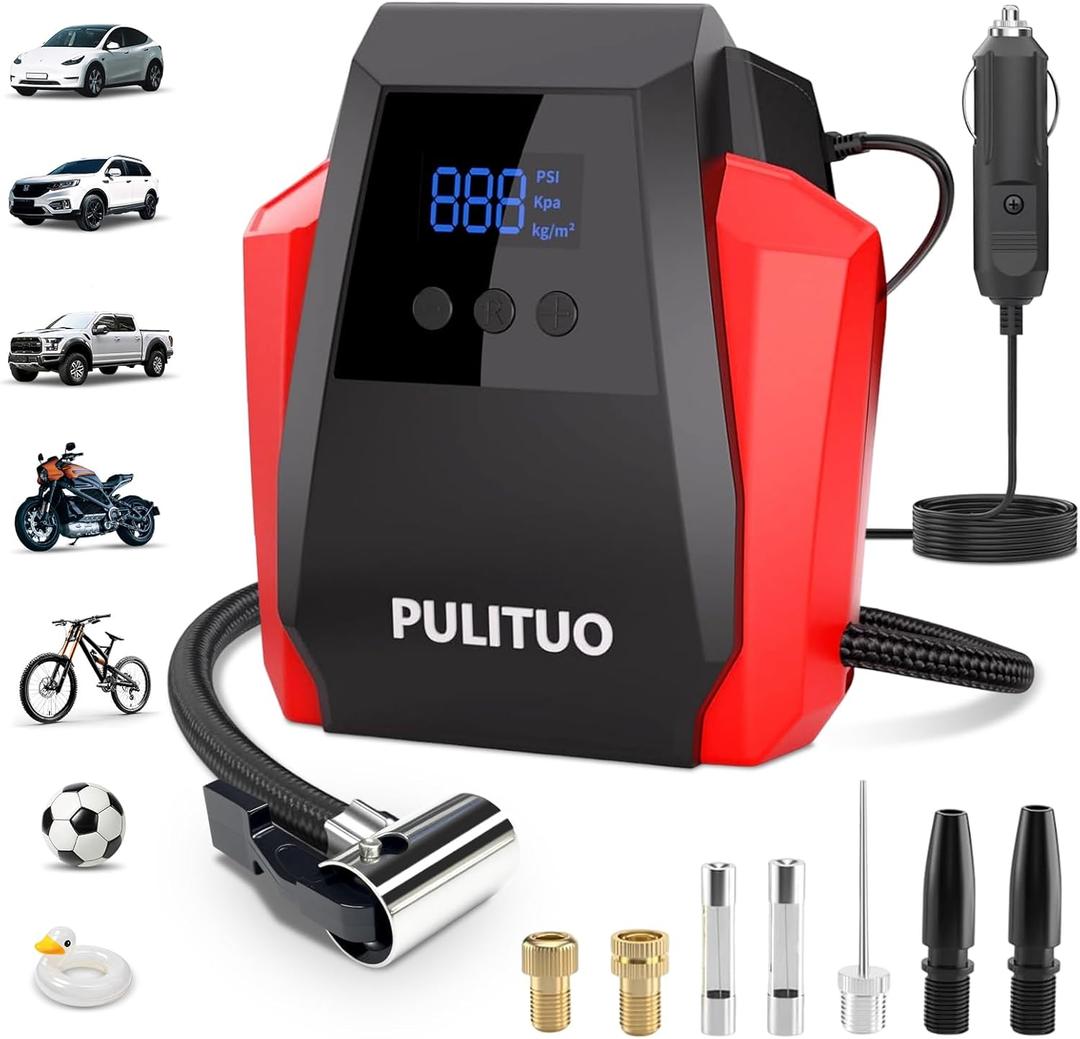 PULITUO Tire Inflator Portable Air Compressor - Car Accessories 12V DC Air Pump for Car Tires with Digital Pressure Gauge, Emergency LED Light for Car, Bike, Ball, Motor (Red)
