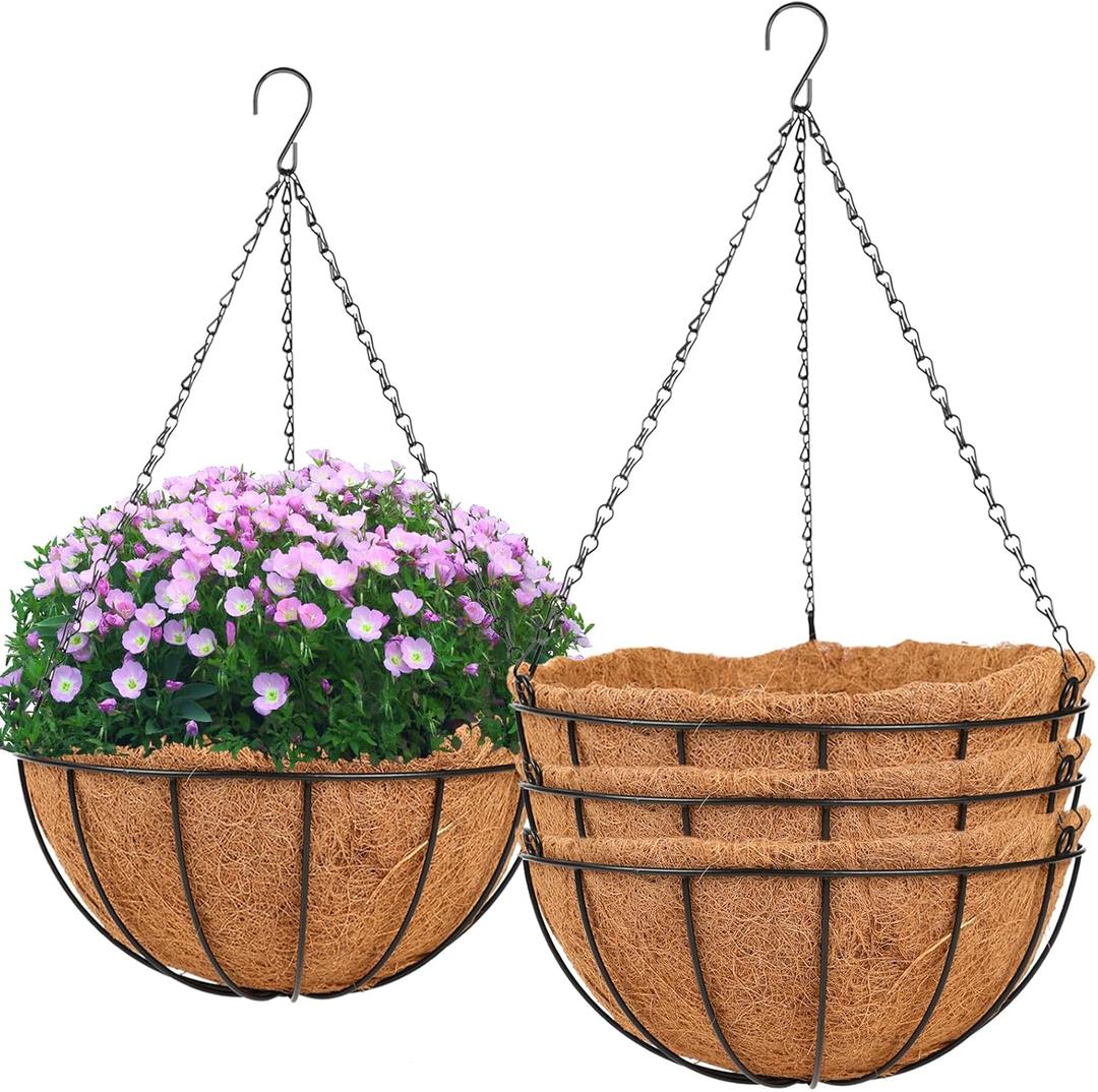Hanging Basket Planter Plants Outdoor - 4 Pack 14 Inch Metal Hanging Planter with Coco Liners, Chain Hook Hanging Flower Pots for Indoor Outdoor Garden Porch Decoration