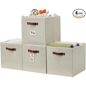 DECOMOMO Storage Baskets, 13x15x13 Storage Cube Bins with Labels for Organizing Shelves Kallax (Kallax / 4pcs, Beige)